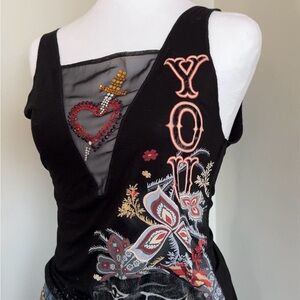 Black Embellished V-Neck Tank Top with Floral & Heart Appliqué